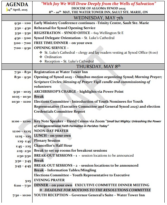 52nd Session of Diocese of Algoma Synod - 8 May 2025 @ Water Tower Inn